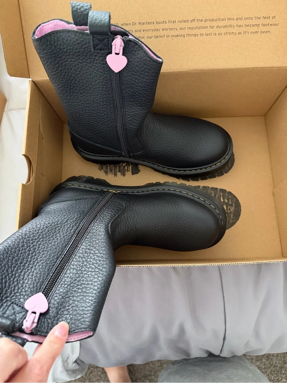 Dr. Martens Kids Black Leather Boots with Pink Heart Accents